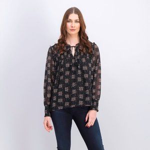 DANIEL RAINN black speckled plaid smocked tie neck lightweight layered blouse